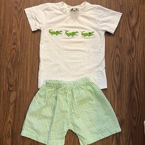 White T-Shirt and Green Seersucker Shorts Set